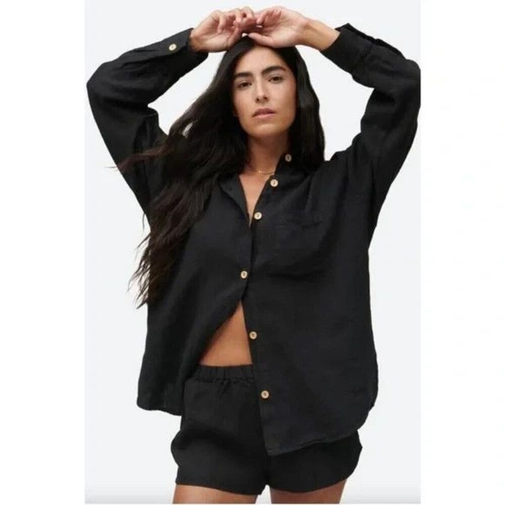 Mate The Label 100% Organic Linen Oversized Button Up Long Sleeve Black NEW SZ S